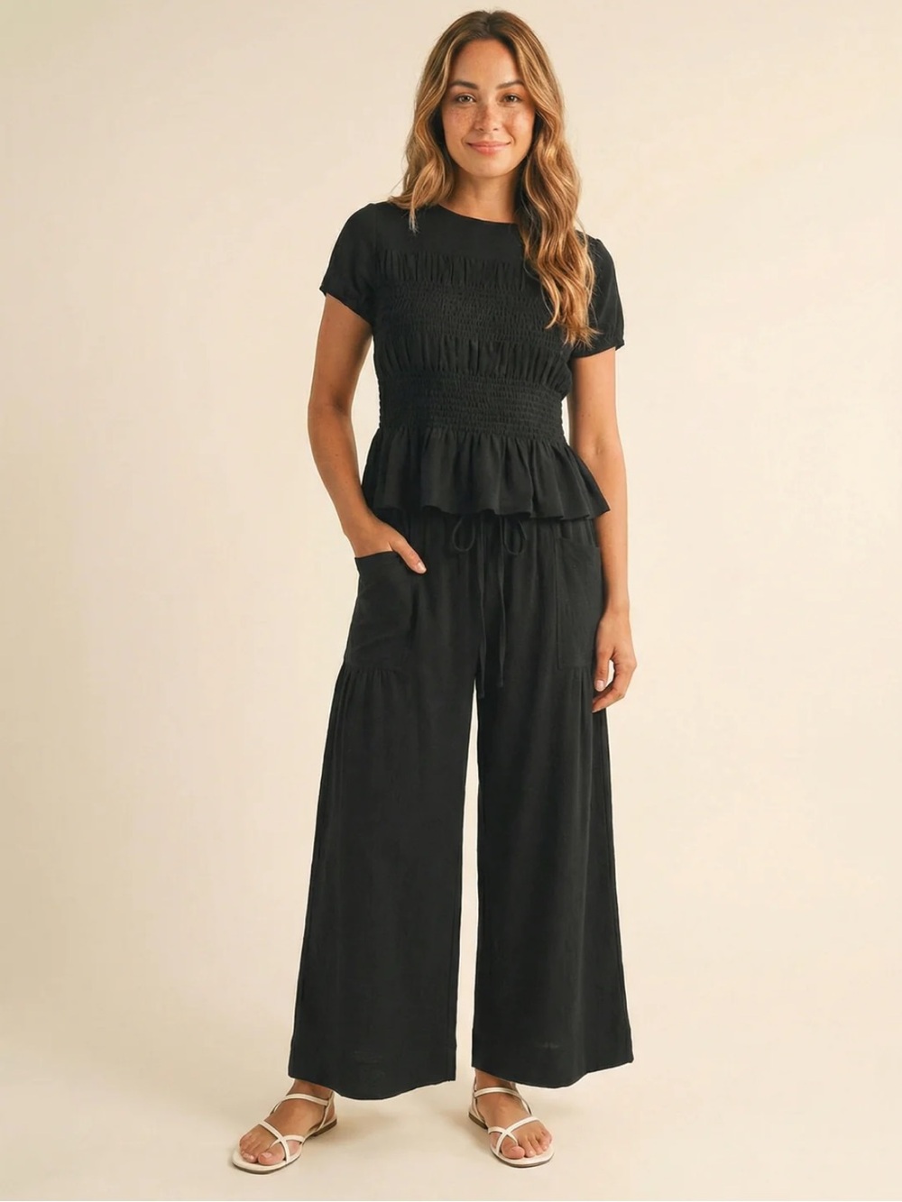 NEW Loma Jardín Set | Black Wide-Leg Two Piece Set with Smocked Waist